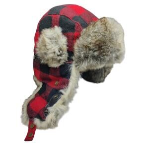 Scala Unisex St. Clout Wool Blend Red Plaid Check Trapper Hat Faux Fur